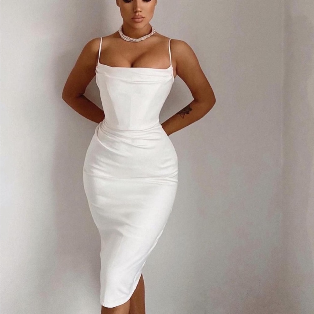 NWOT House of CB Anja Satin Corset Dress in Ivory/White